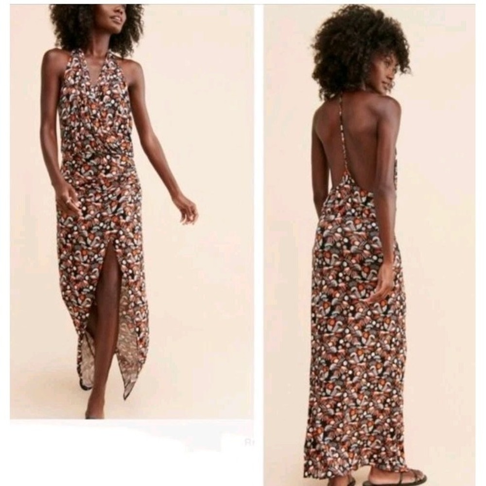 Free People Daria Halter Maxi Dress Black Combo Side Slit Bohemian Hippie M NWT